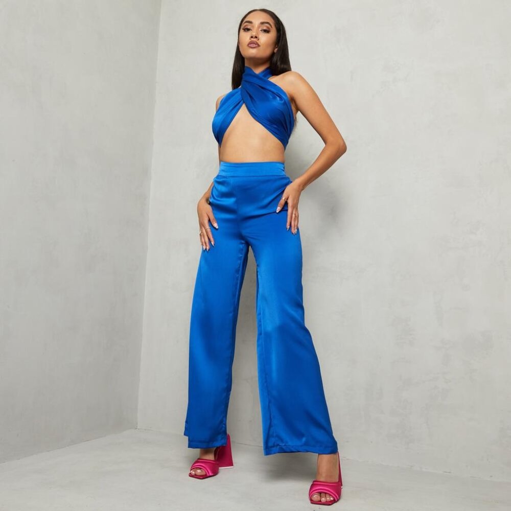 CROSSOVER TOP AND TROUSERS CO-ORD SET IN BLUE
